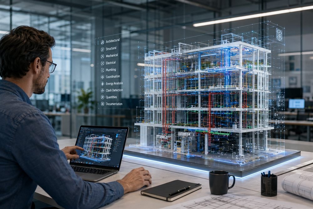 Engineer reviewing a multi-discipline BIM model of a building, showing architectural, structural, mechanical, electrical, and plumbing systems coordinated in one model.