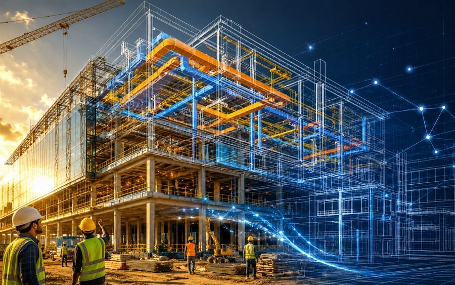 Digital BIM model overlaid on a building under construction, representing Nexon's engineering design process.