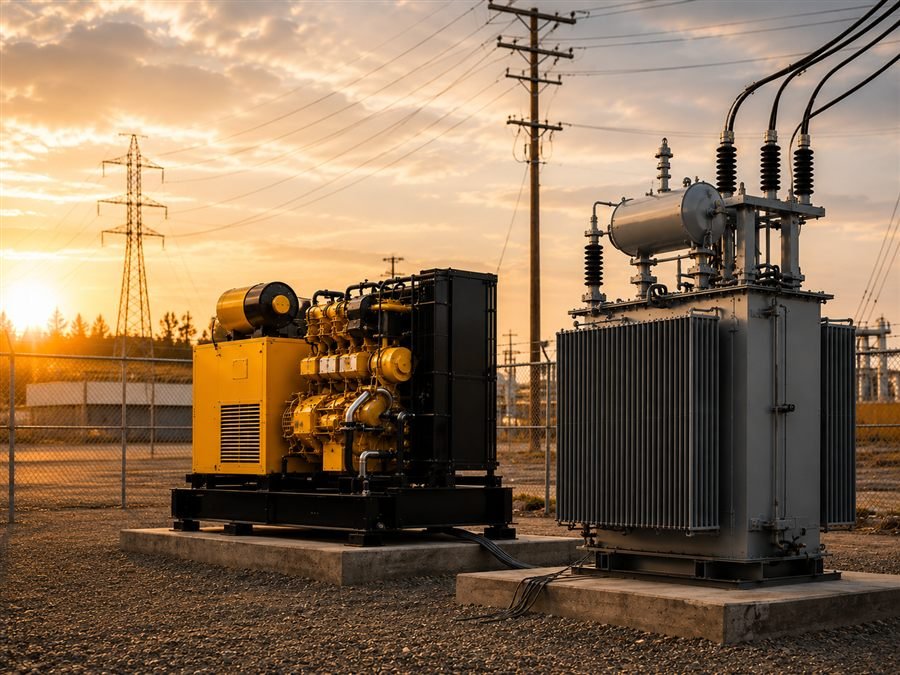 Diesel generator set and oil-filled power transformer installed at a substation at sunset.