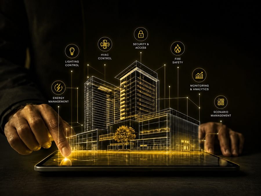 Hand controlling a smart building automation interface on a tablet, showing lighting, HVAC, security, and energy management modules.